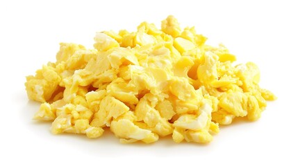 A plate of delicious scrambled eggs presented in an isolated manner on a pure white background. The soft and fluffy texture of the scrambled eggs makes them extremely appealing, and this image is suit