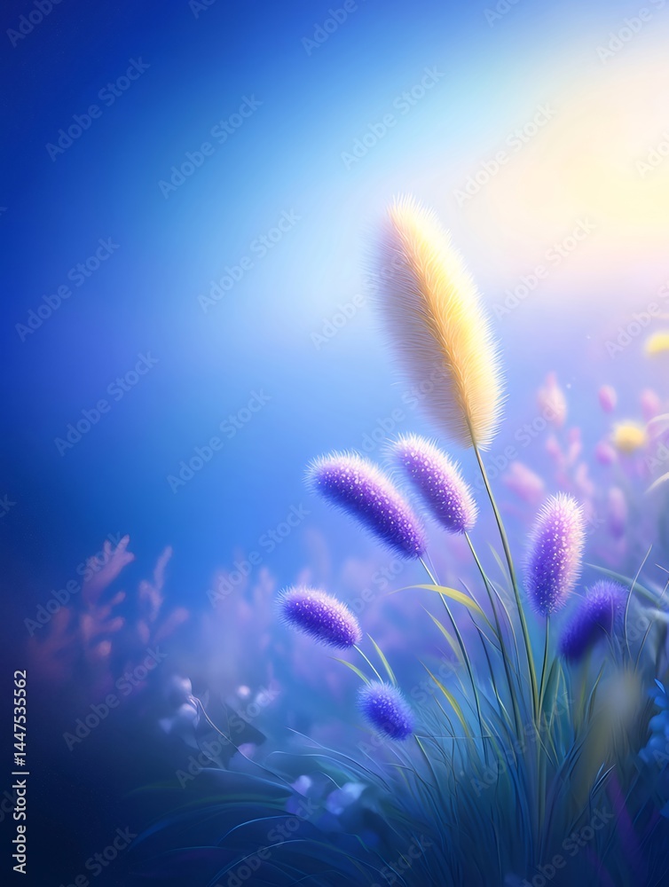 Poster 幻想的な紫色の花と金色の輝き 青色の背景に朝日の光の中で咲く植物のクローズアップ