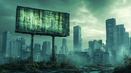 Post-apocalyptic city billboard, overgrown ruins, dystopian landscape, environmental disaster, future scenario