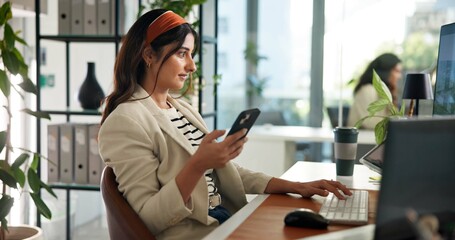 Businesswoman, smartphone notification and computer in office for communication, news and job post. Recruiter, mobile technology and resume research in workplace for onboarding and online vacancy