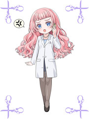 スマホで電話をかけるピンク髪のアニメ風女性薬剤師。アンティークなハサミのコーナー飾り罫つき