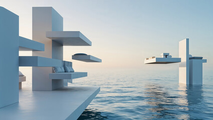 Surreal minimalist architecture over ocean waters with floating platforms and beds