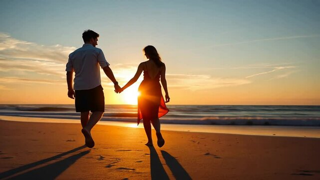 Romantic Couple Walking Hand in Hand on the Beach at Sunset, love story