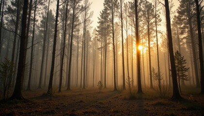 Fototapeta premium Sunrise Through Misty Forest Trees
