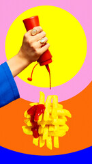 Hand squeezing ketchup over French fries on layered circular background with pink orange yellow contrast. Concept of food, pop art, poster, ads. Contemporary art collage.