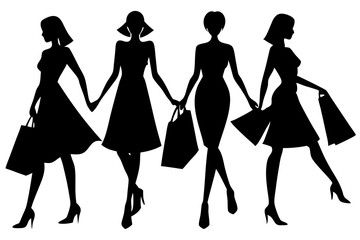 Silhouette of four women walking together with shopping bags on white, women, silhouette, shopping bags, walking, girls, friends, consumerism, retail, lifestyle, female, black, design, vector