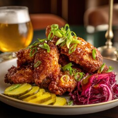 Crispy Chicken Wings with Pickles, Red Cabbage, and Green Onions: A Delicious Meal