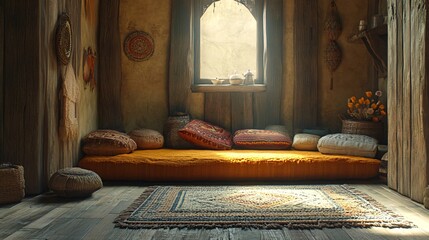 Sunlit rustic room, cushions, rug, window, peaceful scene, interior design