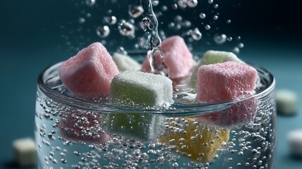 Fototapeta premium Fizzy drink with pastel ice cubes dreamy bubble macro carbonated water illustration hyper clean soda scene