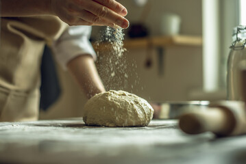 A baker in an apron kneads the dough with his hands and sprinkles it with flour to bake delicious homemade bread.