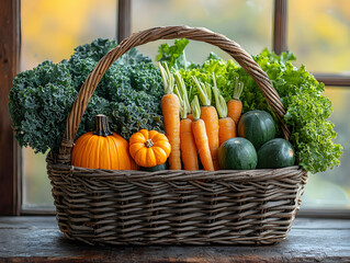 소박한 바구니에 담긴 가을 수확 채소, 호박