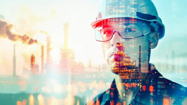 Technician or Engineer head, an oil, gas, and petrochemical refinery facility demonstrates the future of electricity and the engineer background. - Double Exposure