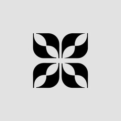 Abstract design of four black floral shapes arranged in a square pattern on a light gray background.