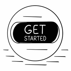 A circular illustration with a black banner stating "GET STARTED," encouraging action or initiation.