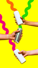Three hands holding silver and white cans against bright, wavy colored lines on bright yellow...