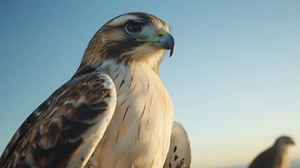 Fototapeta premium A hawk poses, boasting its majestic feathers, against a clear sky, exhibiting keen vision