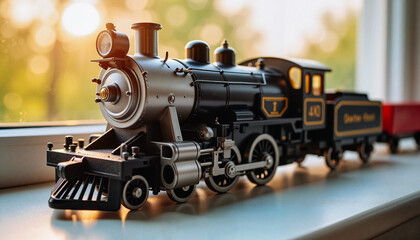 Vintage model train on a windowsill with warm sunlight  