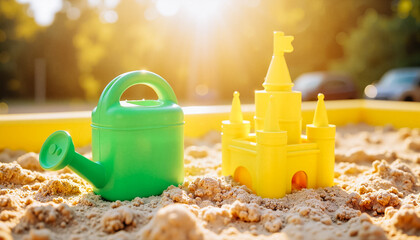 Colorful sandcastle and watering can in sunny sandbox  