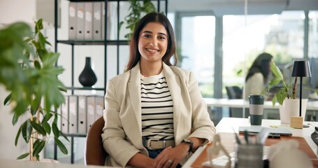 Business, woman at desk and portrait in office for about us, mission and creative worker....