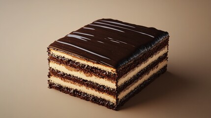 Delicate layers of buttercream and ganache in Opera Cake slice
