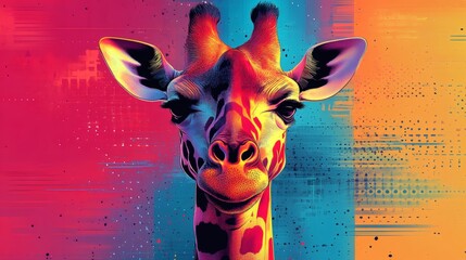 Close-up portrait of a giraffe with colorful painterly appearance, featuring spots, ears, and face, vivid spectrum hues. on a transparent background, PNG image, PNG file.