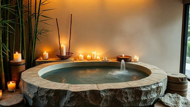 A Serene Spa Retreat, Relaxing Hot Tub Experience with Candlelight and Bamboo