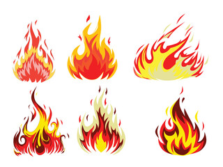 set of fire flames isolated with white background 