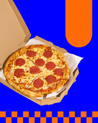 Pepperoni pizza in open cardboard box on bold graphic blue background with orange checkered...