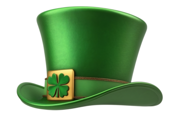 Shiny green leprechaun hat with clover symbol on transparent background