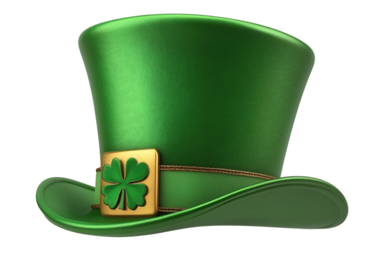 Shiny green leprechaun hat with clover symbol on transparent background