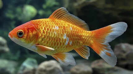 Naklejka premium A healthy, vibrant golden goldfish enjoying its aquatic environment - tail happy close water bright