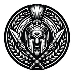 Warrior Helmet and Crossed Spears in Detailed Black and White Illustration
