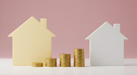 Gold Coins Stacked Showing Growth Between House Cutouts on Pink Background