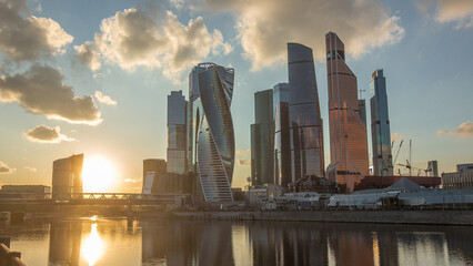 Sunset at Moscow City business center skyscrapers office buildings and luxury apartments timelapse...
