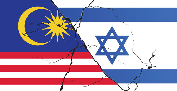 Israeli and Malaysia flags on a cracked surface, Malaysia and Israel conflict concept, crisis, war, attack.