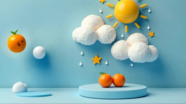 Blue pseudo 3d background with a cartoon style sun and clouds. The sun is yellow and the clouds are white. There are two oranges on a blue pedestal