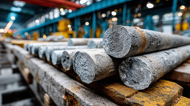 Rows of ferric raw aluminum rods await processing, stacked near massive metal smelting machines. The factoryâs clean, structured layout emphasizes production efficiency