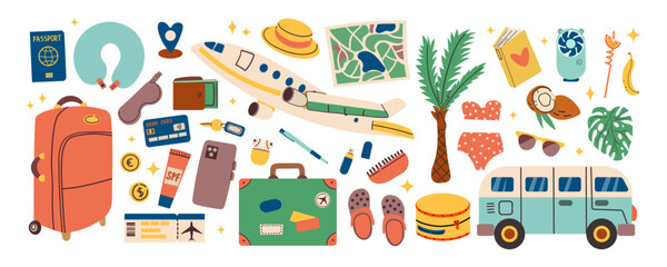 Travel icon set. Travel concept. Set of travel objects isolated on white . Hand drawn doodle flat illustration for card , banner and web design.