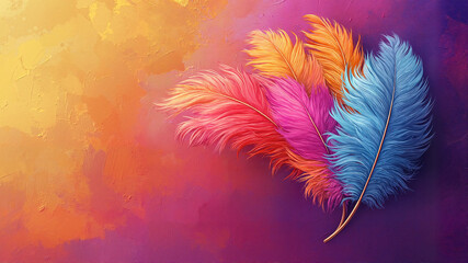 Obraz premium Colorful feathers on vibrant abstract background 