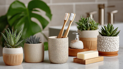 A bright toothbrush rests on a clean bathroom counter, surrounded by calming decor and lively greenery