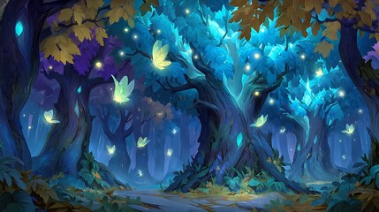 Enchanted Forest Glowing Butterflies  Mystical Trees.