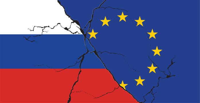 European Union and Russia flags on a cracked surface, Russia and European Union conflict concept, crisis, war, attack.
