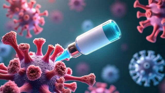 Vaccine vial and syringe combat virus, symbolizing medical health advancements in fight against disease.