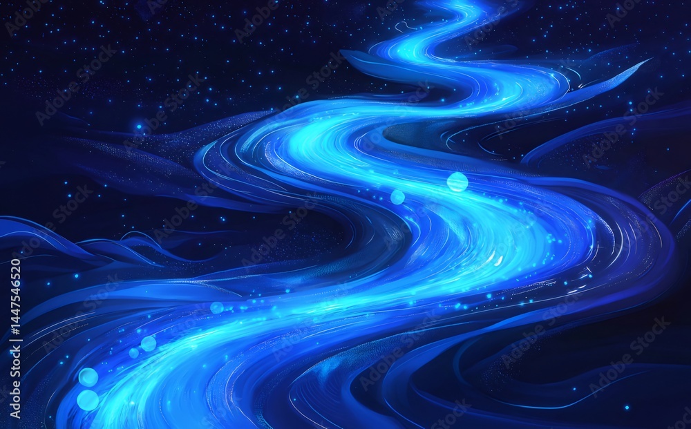Aufkleber 青い輝く宇宙の流れ 光と星が織りなす抽象的な夜空のデザイン 幻想的なデジタルアート
