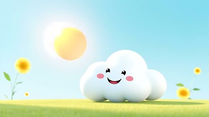 cute cartoon cloud with happy face and warm sun in a cheerful blue sky