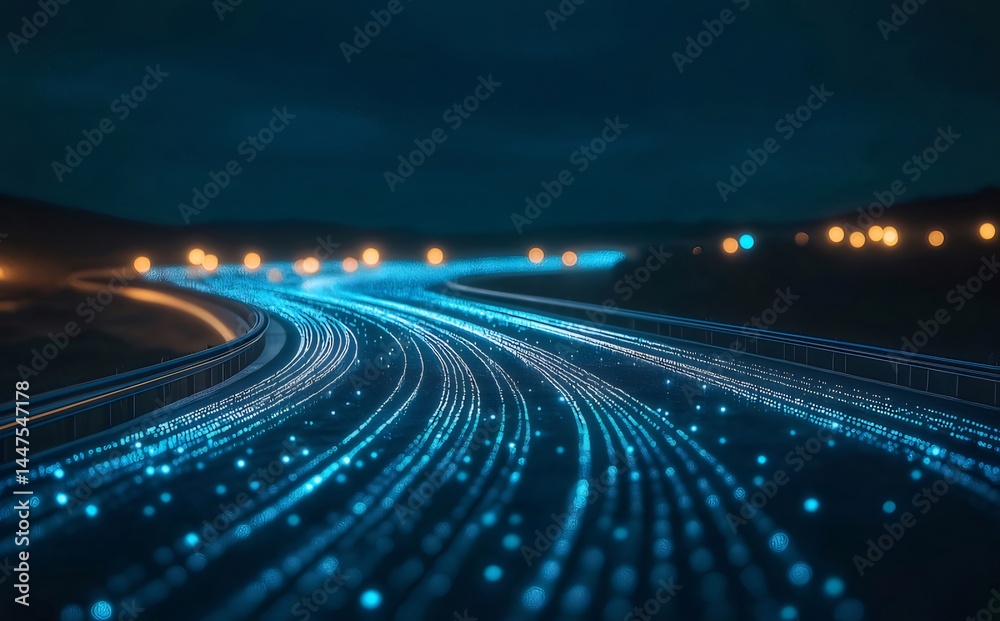 Aufkleber 暗い夜空に光る青い光の高速道路 未来的なデジタルデザインの都市風景