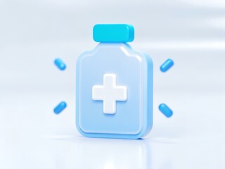 Obraz premium 3D Blue Medicine Bottle Icon with Pink Cap and Cross Symbol for Pharmacy and Healthcare Design