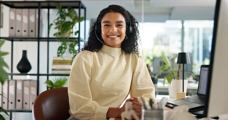 Call center, happy woman and customer service in portrait with confidence, communication and online...
