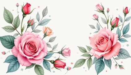 Delicate watercolor roses, intertwined leaves, soft pastel palette, summer, design