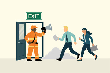 Emergency evacuation scene in an office building. A firefighter is guiding people toward an exit, representing urgency, Useful for topics related to safety, and disaster preparedness.
